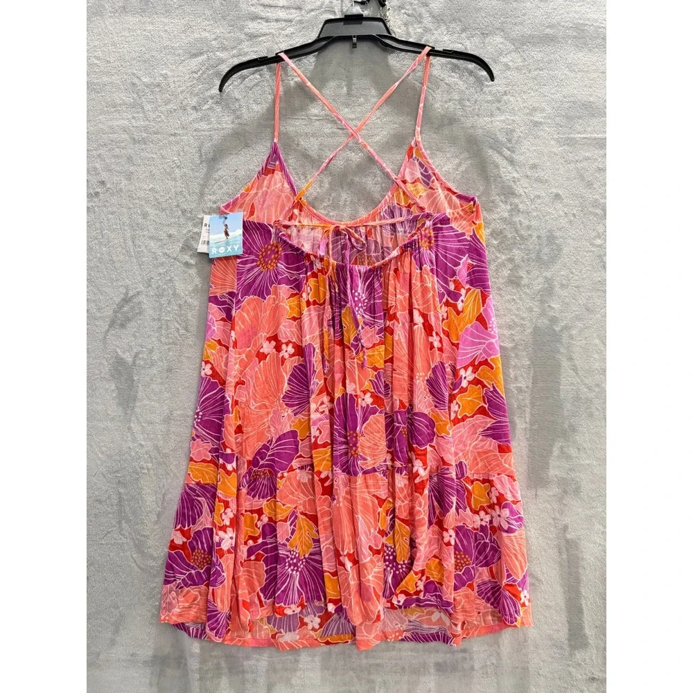 NWT Roxy Summer Flint Dress Women Pink Orange Floral Tropical Strappy Coverup XS